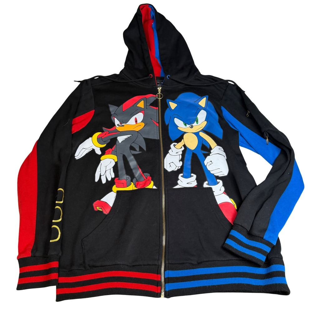 Hot Topic Sonic the Hedgehog Shadow Split Color Zip Hoodie Black Red Blue LG